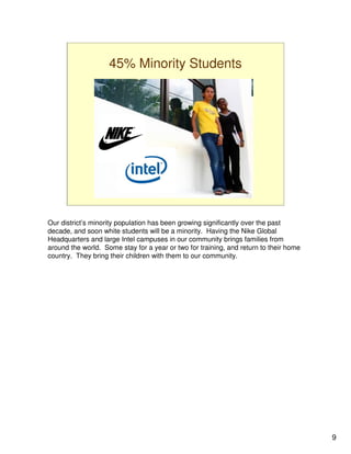 45% Minority Students




Our district’s minority population has been growing significantly over the past
decade, and soon white students will be a minority. Having the Nike Global
Headquarters and large Intel campuses in our community brings families from
around the world. Some stay for a year or two for training, and return to their home
country. They bring their children with them to our community.




                                                                                       9
 