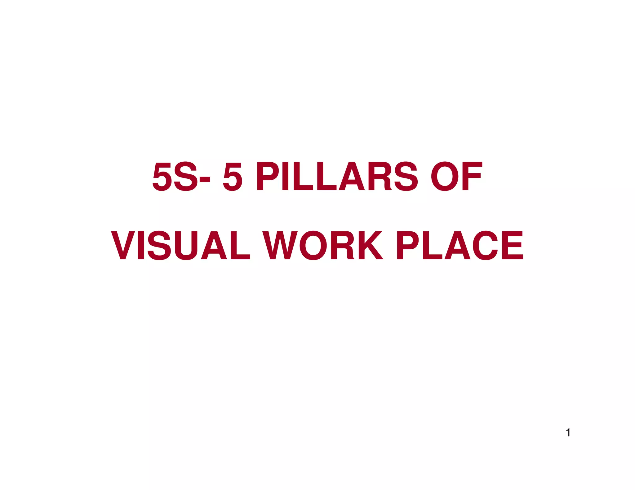 5S5S-- 5 PILLARS OF5 PILLARS OF
VISUAL WORK PLACEVISUAL WORK PLACE
1
VISUAL WORK PLACEVISUAL WORK PLACE
 