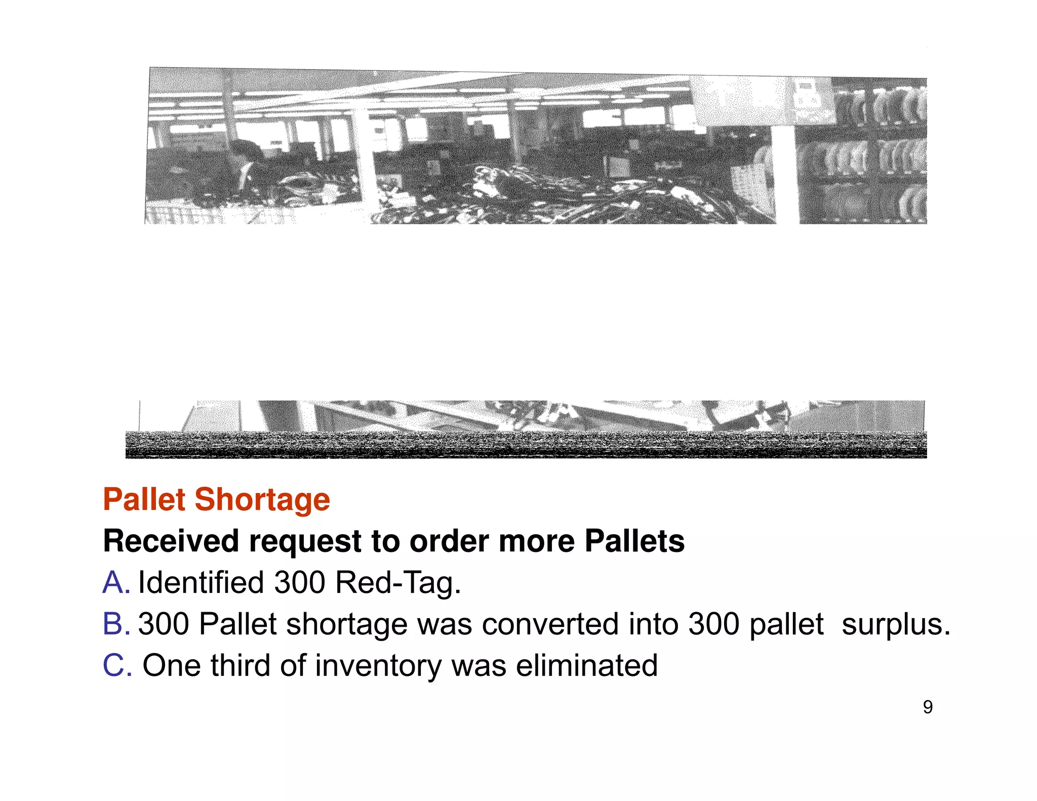 9
Pallet Shortage
Received request to order more Pallets
A. Identified 300 Red-Tag.
B. 300 Pallet shortage was converted into 300 pallet surplus.
C. One third of inventory was eliminated
 