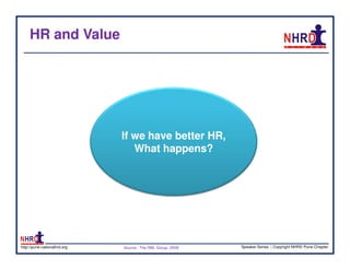 HR and Value




                              If we have better HR,
                                 What happens?




http://pune.nationalhrd.org   Source : The RBL Group, 2008   Speaker Series | Copyright NHRD Pune Chapter
 