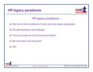 HR legacy paradoxes

                                 HR legacy paradoxes….
               Set terms and conditions of work and care about employees

               Be administrative and strategic

               Focus on what we do and what we deliver

               Be short term and long term

               Etc.




http://pune.nationalhrd.org       Source : The RBL Group, 2008   Speaker Series | Copyright NHRD Pune Chapter
 