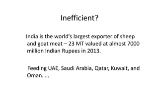 Inefficient?
India is the world's largest exporter of sheep
and goat meat – 23 MT valued at almost 7000
million Indian Rupees in 2013.
Feeding UAE, Saudi Arabia, Qatar, Kuwait, and
Oman…..
India is the world's largest exporter of sheep
and goat meat – 23 MT valued at almost 7000
million Indian Rupees in 2013.
Feeding UAE, Saudi Arabia, Qatar, Kuwait, and
Oman…..
 