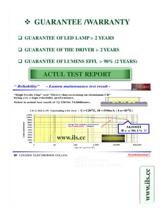 GUARANTEE /WARRANTY

GUARANTEE OF LED LAMP :- 2 YEARS

GUARANTEE OF THE DRIVER :- 2 YEARS

GUARANTEE OF LUMENS EFFI. :- 90% (2 YEARS)

      ACTUL TEST REPORT




            www.ils.cc
                                             www.ils.cc
 