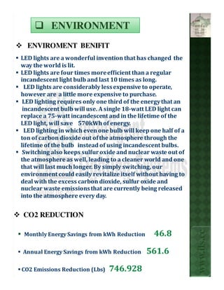 ENVIRONMENT
  ENVIROMENT BENIFIT
LED lights are a wonderful invention that has changed the
way the world is lit.
LED lights are four times more efficient than a regular
incandescent light bulb and last 10 times as long.
  LED lights are considerably less expensive to operate,
however are a little more expensive to purchase.
 LED lighting requires only one third of the energy that an
 incandescent bulb will use. A single 18-watt LED light can
replace a 75-watt incandescent and in the lifetime of the
LED light, will save 570kWh of energy.
  LED lighting in which even one bulb will keep one half of a
ton of carbon dioxide out of the atmosphere through the
lifetime of the bulb instead of using incandescent bulbs.
 Switching also keeps sulfur oxide and nuclear waste out of
the atmosphere as well, leading to a cleaner world and one
that will last much longer. By simply switching, our
environment could easily revitalize itself without having to
deal with the excess carbon dioxide, sulfur oxide and
nuclear waste emissions that are currently being released
into the atmosphere every day.


CO2 REDUCTION
                                                                www.ils.cc


 Monthly Energy Savings from kWh Reduction       46.8

Annual Energy Savings from kWh Reduction      561.6

CO2 Emissions Reduction (Lbs)   746.928
 