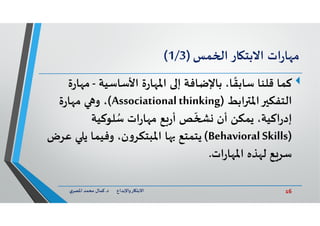 16‫د‬ ‫ﺎرواﻹﺑﺪاع‬ ‫اﻻﺑﺘ‬.‫ي‬‫اﳌﺼﺮ‬ ‫ﻣﺤﻤﺪ‬ ‫ﻛﻤﺎل‬
‫ات‬‫ر‬‫ﺎ‬ ‫ﻣ‬‫ﺎر‬ ‫اﻻﺑﺘ‬‫ﻤﺲ‬ ‫ا‬)1/3(
‫ﻛﻤﺎ‬‫اﻷﺳﺎﺳﻴﺔ‬ ‫ة‬‫ر‬‫ﺎ‬ ‫اﳌ‬ ‫إ‬ ‫ﺑﺎﻹﺿﺎﻓﺔ‬ ،‫ﺎ‬
ً
‫ﺳﺎﺑﻘ‬ ‫ﻗﻠﻨﺎ‬-‫ﻣ‬‫ة‬‫ر‬‫ﺎ‬
‫اﺑﻂ‬ ‫اﳌ‬ ‫اﻟﺘﻔﻜ‬)Associationalthinking(‫ة‬‫ر‬‫ﺎ‬ ‫ﻣ‬ ‫و‬ ،
‫ﻠﻮﻛﻴﺔ‬ ُ‫ﺳ‬ ‫ات‬‫ر‬‫ﺎ‬ ‫ﻣ‬ ‫ﻊ‬‫ر‬‫أ‬ ‫ﺺ‬
ّ
‫أن‬ ‫ﻳﻤﻜﻦ‬ ،‫اﻛﻴﺔ‬‫ر‬‫إد‬
)BehavioralSkills(‫ﻋ‬ ‫ﻳ‬ ‫وﻓﻴﻤﺎ‬ ،‫ن‬‫و‬‫اﳌﺒﺘﻜﺮ‬ ‫ﺎ‬ ‫ﻳﺘﻤﺘﻊ‬‫ﺮض‬
‫ﺬﻩ‬ ‫ﻟ‬ ‫ﻊ‬‫ﺳﺮ‬‫ات‬‫ر‬‫ﺎ‬ ‫اﳌ‬.
 