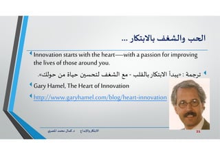 21‫د‬ ‫ﺎرواﻹﺑﺪاع‬ ‫اﻻﺑﺘ‬.‫ي‬‫اﳌﺼﺮ‬ ‫ﻣﺤﻤﺪ‬ ‫ﻛﻤﺎل‬
‫ﺐ‬ ‫ا‬‫واﻟﺸﻐﻒ‬‫ﺎر‬ ‫ﺑﺎﻻﺑﺘ‬...
 Innovation startswith the heart—with a passion for improving
the livesof thosearound you.
‫ﺗﺮﺟﻤﺔ‬:»‫ﺎر‬ ‫اﻻﺑﺘ‬ ‫ﻳﺒﺪأ‬‫ﺑﺎﻟﻘﻠﺐ‬-‫ن‬ ‫ﻟﺘﺤﺴ‬ ‫اﻟﺸﻐﻒ‬ ‫ﻣﻊ‬‫ﻣﻦ‬ ‫ﺣﻴﺎة‬‫ﺣﻮﻟ‬‫ﻚ‬«.
 Gary Hamel, The Heart of Innovation
 http://www.garyhamel.com/blog/heart-innovation

 