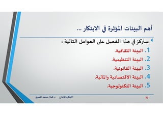 27‫د‬ ‫ﺎرواﻹﺑﺪاع‬ ‫اﻻﺑﺘ‬.‫ي‬‫اﳌﺼﺮ‬ ‫ﻣﺤﻤﺪ‬ ‫ﻛﻤﺎل‬
‫ﻢ‬ ‫أ‬‫ﺌﺎت‬ ‫اﻟﺒ‬‫اﳌﺆﺛﺮة‬‫ﺎر‬ ‫اﻻﺑﺘ‬...
‫ﻛﺰ‬ ‫ﺳ‬‫ﻋ‬ ‫اﻟﻔﺼﻞ‬ ‫ﺬا‬‫اﻟﻌﻮاﻣﻞ‬‫اﻟﺘﺎﻟﻴﺔ‬:
.1‫اﻟﺜﻘﺎﻓﻴﺔ‬ ‫ﺌﺔ‬ ‫اﻟﺒ‬.
.2‫اﻟﺘﻨﻈﻴﻤﻴﺔ‬ ‫ﺌﺔ‬ ‫اﻟﺒ‬.
.3‫اﻟﻘﺎﻧﻮﻧﻴﺔ‬ ‫ﺌﺔ‬ ‫اﻟﺒ‬.
.4‫واﳌﺎﻟﻴﺔ‬ ‫اﻻﻗﺘﺼﺎدﻳﺔ‬ ‫ﺌﺔ‬ ‫اﻟﺒ‬.
.5‫اﻟﺘﻜﻨﻮﻟﻮﺟﻴﺔ‬ ‫ﺌﺔ‬ ‫اﻟﺒ‬.
 