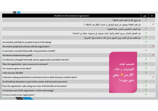 45‫د‬ ‫ﺎرواﻹﺑﺪاع‬ ‫اﻻﺑﺘ‬.‫ي‬‫اﳌﺼﺮ‬ ‫ﻣﺤﻤﺪ‬ ‫ﻛﻤﺎل‬
‫ﻗﺎﺋﻤﺔ‬‫اﻟﺘﺤﻘﻖ‬:
‫ﻻ‬‫ﻌﻢ‬Checklist for the innovative organization
‫ﻞ‬‫ﻖ‬‫ﻓﺮ‬‫اﻹدارة‬‫اﻟﻌﻠﻴﺎ‬‫م‬ ‫ﻣﻠ‬‫ﺎر؟‬ ‫اﻻﺑﺘ‬
‫ﻞ‬‫ﻌ‬‫اﳌﻨﻈﻤﺔ‬‫ﺑﻮﺿﻮح‬‫ﻋﻦ‬‫ﺎ‬ ‫رؤ‬)‫ﺒ‬ ‫و‬‫أن‬‫ﺸﻤﻞ‬‫ﻛ‬ ‫اﻟ‬‫ﻋ‬‫ﺎر‬ ‫اﻻﺑﺘ‬(‫؟‬
‫ﻞ‬‫ﺲ‬ ‫اﻟﺮﺋ‬‫اﻟﺘﻨﻔﻴﺬي‬‫ﻣﺘﺤﻤﺲ‬‫ﻋﻠﻨﺎ‬‫؟‬ ‫ﻟﻠﺘﻐﻴ‬
‫ﻞ‬‫اﻟﺘﺤﻔ‬،‫اﳌﺘﺒﺎدل‬‫وردود‬‫اﻟﻔﻌﻞ‬‫واﻟﻨﻘﺪ‬‫اﻟﺒﻨﺎء‬‫ﺎ‬ ‫ﺟﻤﻴﻌ‬‫ﺎت‬ ‫ﻣﺴﺘﻮ‬‫ﻋﺎﻟﻴﺔ‬‫ﻣﻦ‬‫ﺸﺎط؟‬ ‫اﻟ‬
‫ﻞ‬‫ﺗﻨﻈﻴﻢ‬‫ﺟﻴﺪ‬‫اﻟﻌﻤﻞ‬‫ﺑﺮوح‬‫ﻖ‬‫اﻟﻔﺮ‬‫ﺑﻤﺎ‬‫ذﻟﻚ‬‫اﺳﺘﺨﺪام‬‫ﻓﺮق‬‫اﳌﺸﺮوع؟‬
Are mistakes and failures accepted as part of risk-taking?
Do creative people join and stay with the organization ?
Isinnovation rewarded (financially or bypromotion or both)?
Are lateral communications good?
Can ideas beexchanged informally and are opportunities provided to do this?
Does the organization raise excuses not to innovate?
Are resources given to new ideas?
Isthe structure flexible?
Isdecision-making pushed down to the lowest level at which decisions could betaken?
Do all staff see themselves as part of the creative and innovative processes?
Does the organization take a long-term view of the benefits of innovation?
Isinnovation part of the organization ’s vision and strategy?
Isit fun to work in your organization ?
‫ﻋﺪد‬ ‫ﺣﺴﺐ‬
‫ـ‬‫ﺑ‬ ‫اﻹﺟﺎﺑﺎت‬»‫ﻻ‬«.
‫ﻣﻦ‬ ‫أﻛ‬9‫ﻌ‬ ،
»‫ﺪ‬ّ‫ﺟﻴ‬ ‫ﻏ‬«!
 