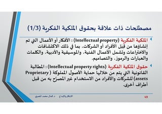 49‫د‬ ‫ﺎرواﻹﺑﺪاع‬ ‫اﻻﺑﺘ‬.‫ي‬‫اﳌﺼﺮ‬ ‫ﻣﺤﻤﺪ‬ ‫ﻛﻤﺎل‬
‫ﺎت‬ ‫ﻣﺼﻄ‬‫ذات‬‫ﻋﻼﻗﺔ‬‫ق‬‫ﺑﺤﻘﻮ‬‫اﳌﻠﻜﻴﺔ‬‫ﺔ‬‫اﻟﻔﻜﺮ‬)1/3(
‫ﺔ‬‫اﻟﻔﻜﺮ‬ ‫اﳌﻠﻜﻴﺔ‬)Intellectualproperty: (‫ﺗﻢ‬ ‫اﻟ‬ ‫اﻷﻋﻤﺎل‬‫أو‬‫ﺎر‬ ‫اﻷﻓ‬
‫ﻣﻦ‬ ‫ﺎ‬ ‫ﺸﺎؤ‬ ‫إ‬‫ﻞ‬َ‫ﺒ‬ِ‫ﻗ‬‫ﺸﺎﻓﺎت‬ ‫اﻻﻛ‬ ‫ذﻟﻚ‬ ‫ﺑﻤﺎ‬ ،‫ﺎت‬ ‫اﻟﺸﺮ‬‫أو‬ ‫اﻷﻓﺮاد‬
‫واﻟ‬ ،‫واﻷدﺑﻴﺔ‬ ‫واﳌﻮﺳﻴﻘﻴﺔ‬ ،‫اﻟﻔﻨﻴﺔ‬ ‫اﻷﻋﻤﺎل‬ ‫ﺸﻤﻞ‬ ‫و‬ ‫اﻋﺎت‬ ‫واﻻﺧ‬‫ﻠﻤﺎت‬
‫واﻟﺘﺼﺎﻣﻴﻢ‬ ،‫ز‬‫واﻟﺮﻣﻮ‬ ‫ات‬‫ر‬‫واﻟﻌﺒﺎ‬.
‫ﺔ‬‫اﻟﻔﻜﺮ‬ ‫اﳌﻠﻜﻴﺔ‬ ‫ق‬‫ﺣﻘﻮ‬)Intellectualpropertyrights:(‫اﳌﻄﺎﻟﺒﺔ‬
‫اﳌﻤﻠﻮﻛﺔ‬ ‫ل‬‫اﻷﺻﻮ‬ ‫ﺣﻤﺎﻳﺔ‬ ‫ﺎ‬ ‫ﺧﻼﻟ‬ ‫ﻣﻦ‬ ‫ﻳﺘﻢ‬ ‫اﻟ‬ ‫اﻟﻘﺎﻧﻮﻧﻴﺔ‬)Proprietary
assets(‫ﻗﺒ‬ ‫ﻣﻦ‬ ‫ﺑﮫ‬ ‫ح‬‫ﱠ‬‫اﳌﺼﺮ‬ ‫ﻏ‬ ‫اﻻﺳﺘﺨﺪام‬ ‫ﻣﻦ‬ ‫واﻷﻓﺮاد‬ ‫ﺎت‬ ‫ﻟﻠﺸﺮ‬‫ﻞ‬
‫ى‬‫أﺧﺮ‬ ‫أﻃﺮاف‬.
 