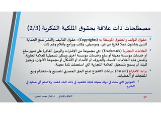 50‫د‬ ‫ﺎرواﻹﺑﺪاع‬ ‫اﻻﺑﺘ‬.‫ي‬‫اﳌﺼﺮ‬ ‫ﻣﺤﻤﺪ‬ ‫ﻛﻤﺎل‬
‫ﺎت‬ ‫ﻣﺼﻄ‬‫ذات‬‫ﻋﻼﻗﺔ‬‫ق‬‫ﺑﺤﻘﻮ‬‫اﳌﻠﻜﻴﺔ‬‫ﺔ‬‫اﻟﻔﻜﺮ‬)2/3(
‫ﺑﮫ‬ ‫اﳌﺮﺗﺒﻄﺔ‬ ‫ق‬‫ﻘﻮ‬ ‫وا‬ ‫اﳌﺆﻟﻒ‬ ‫ق‬‫ﺣﻘﻮ‬)Copyrights: (‫ﻤﺎﻳﺔ‬ ‫ا‬ ‫ﺗﻤﻨﺢ‬‫ﺸﺮ‬ ‫واﻟ‬ ‫اﻟﺘﺄﻟﻴﻒ‬ ‫ق‬‫ﺣﻘﻮ‬
‫ﻟﻠﺬﻳﻦ‬‫ن‬‫ﺸﺌﻮ‬ ‫ﻳ‬‫ذﻟﻚ‬ ‫وﻏ‬ ‫وأﻓﻼم‬ ‫اﻣﺞ‬‫ﺮ‬ ‫و‬ ‫وﻛﺘﺐ‬ ،‫وﻣﻮﺳﻴﻘﻰ‬ ،‫ﻓﻦ‬ ‫ﻣﻦ‬ ‫ﺎ‬ّ‫ﻓﻜﺮ‬
ً
‫ﻋﻤﻼ‬.
‫ﺔ‬‫ر‬‫اﻟﺘﺠﺎ‬ ‫اﻟﻌﻼﻣﺎت‬)Trademark: (‫ﺳﻠﻊ‬ ‫ﺗﻤﻴ‬ ‫ﻋ‬ ‫ة‬‫ر‬‫اﻟﻘﺎد‬ ‫ز‬‫واﻟﺮﻣﻮ‬ ‫ات‬‫ر‬‫اﻹﺷﺎ‬ ‫ﻣﻦ‬ ‫ﻣﺠﻤﻮﻋﺔ‬
،‫ﺔ‬‫ر‬‫ﺗﺠﺎ‬ ‫ﻛﻌﻼﻣﺔ‬ ‫ﺎ‬ ‫ﻴﻠ‬ ‫ﻤﻜﻦ‬ ‫و‬ ‫ى‬‫أﺧﺮ‬ ‫ﻣﺆﺳﺴﺔ‬ ‫وﺧﺪﻣﺎت‬ ‫ﺳﻠﻊ‬‫أو‬ ‫ﻣﻌﻴﻨﺔ‬ ‫ﻣﺆﺳﺴﺔ‬ ‫ﺧﺪﻣﺎت‬‫أو‬
‫ز‬‫ﺠﻮ‬ ‫و‬ ،‫اﻷﻟﻮان‬ ‫ﻣﺠﻤﻮﻋﺔ‬‫أو‬ ‫ﺎل‬ ‫اﻷﺷ‬‫أو‬ ‫اﻷﻋﺪاد‬‫أو‬ ‫ف‬‫و‬‫ﺮ‬ ‫وا‬ ‫اﻷﺳﻤﺎء‬ ‫اﻟﻌﻼﻣﺎت‬ ‫ﺬﻩ‬ ‫ﺸﻤﻞ‬ ‫و‬
‫ﻣﻌﻴﻨﺔ‬ ‫ﳌﺪة‬ ‫اﺳﺘﻌﻤﻠﺖ‬ ‫اﻟ‬ ‫ﺔ‬‫ر‬‫اﻟﺘﺠﺎ‬ ‫اﻟﻌﻼﻣﺔ‬ ‫ﻴﻞ‬ ‫ﺑ‬ ‫ﺴﻤﺢ‬ ‫أن‬ ‫ﻟﻠﺒﻠﺪ‬.
‫اع‬ ‫اﻻﺧ‬ ‫اءة‬‫ﺮ‬‫ﺑ‬)Patent: (‫ﻴﻊ‬ ‫و‬ ‫واﺳﺘﺨﺪام‬ ‫ﻴﻊ‬ ‫ﻟﺘﺼ‬ ‫ي‬‫ﺼﺮ‬ ‫ا‬ ‫ﻖ‬ ‫ا‬ ‫ﺗﻤﻨﺢ‬ ‫اع‬ ‫اﻻﺧ‬ ‫اءات‬‫ﺮ‬‫ﺑ‬
‫اﻟﻌﻤﻠﻴﺎت‬‫أو‬ ‫اﳌﻨﺘﺠﺎت‬.
‫ن‬ ‫اﻟﻘﻮاﻧ‬‫أ‬ ‫ﺗﻤﻨﺢ‬ ‫وﻻ‬ ،‫ﻓﻘﻂ‬ ‫اﻟﺒﻠﺪ‬ ‫ذﻟﻚ‬ ‫ﻟﻠﺘﻨﻔﻴﺬ‬ ‫ﻗﺎﺑﻠﺔ‬ ‫ﻨﺔ‬ّ‫ﻣﻌﻴ‬ ‫دوﻟﺔ‬ ‫ﺖ‬ ‫ﺳ‬ ‫اﻟ‬‫ﺣﻤﺎﻳﺔ‬ ‫ي‬
‫ﺎرج‬ ‫ا‬.
 
