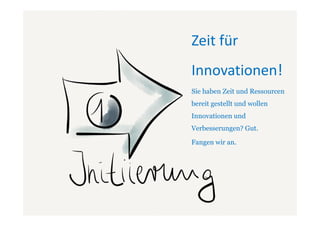 Zeit für
Innovationen!
Sie haben Zeit und Ressourcen
bereit gestellt und wollen
Innovationen und
Verbesserungen? Gut.

Fangen wir an.
 
