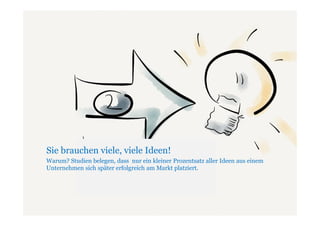 Sie brauchen viele, viele Ideen!
Warum? Studien belegen, dass nur ein kleiner Prozentsatz aller Ideen aus einem
Unternehmen sich später erfolgreich am Markt platziert.
 