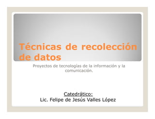 Técnicas de recolección
de datos
  Proyectos de tecnologías de la información y la
                  comunicación.




                Catedrático:
     Lic. Felipe de Jesús Valles López
 