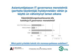 Asiantuntijatason IT governance menetelmiä
(parhaita käytäntöjä) hyödynnetään vähän ja
käyttö on vähentynyt laman aikana
36
© Tietotekniikan Liitto ja Tomi Dahlberg 14.06.2010
Miksi pyörä yritetään keksiä niin monessa paikassa uudelleen?
 