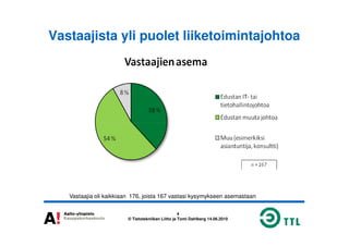 Vastaajista yli puolet liiketoimintajohtoa
4
© Tietotekniikan Liitto ja Tomi Dahlberg 14.06.2010
Vastaajia oli kaikkiaan 176, joista 167 vastasi kysymykseen asemastaan
 