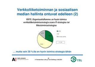 Verkkoliiketoiminnan ja sosiaalisen
median hallinta ontuvat edelleen (2)
44
© Tietotekniikan Liitto ja Tomi Dahlberg 14.06.2010
… mutta vain 30 %:lla on hyvin toimiva strategia tähän
 