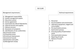 ISO 15189
Technical requirementsManagement requirements
1) Management responsibility
2) Quality management system
3) Document control
4) Service agreement
5) Examination by referral laboratories
6) External services and supplies
7) Advisory services
8) Resolution of complaints
9) Identification of non conformities
10) Corrective action
11) Preventive action
12) Continual improvement
13) Control of records
14) Evaluation and audits
15) Management review
1. Personnel
2. Accommodation and environment
3. Laboratory equipment, reagent and
consumables
4. Pre examination process
5. Examination process
6. Ensuring quality of examination
result
7. Post examination process
8. Reporting of results
9. Release of results
10. LIS
 