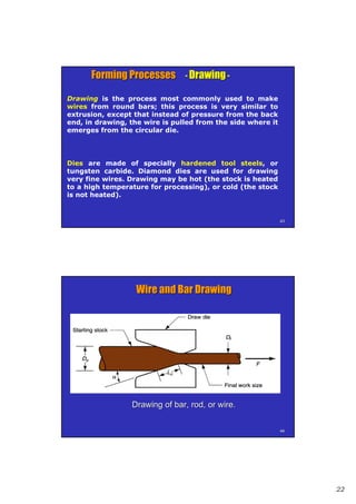 22
4343
Forming ProcessesForming Processes -- DrawingDrawing --
Drawing is the process most commonly used to make
wires from round bars; this process is very similar to
extrusion, except that instead of pressure from the back
end, in drawing, the wire is pulled from the side where it
emerges from the circular die.
Dies are made of specially hardened tool steels, or
tungsten carbide. Diamond dies are used for drawing
very fine wires. Drawing may be hot (the stock is heated
to a high temperature for processing), or cold (the stock
is not heated).
4444
Drawing of bar, rod, or wire.Drawing of bar, rod, or wire.
Wire and Bar DrawingWire and Bar Drawing
 