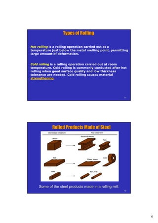 6
1111
Hot rolling is a rolling operation carried out at a
temperature just below the metal melting point, permitting
large amount of deformation.
Cold rolling is a rolling operation carried out at room
temperature. Cold rolling is commonly conducted after hot
rolling when good surface quality and low thickness
tolerance are needed. Cold rolling causes material
strengthening.
Types of RollingTypes of Rolling
1212
Some of the steel products made in a rolling mill.Some of the steel products made in a rolling mill.
Rolled Products Made of SteelRolled Products Made of Steel
 