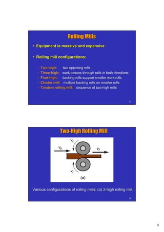 9
1717
Rolling MillsRolling Mills
 Equipment is massive and expensiveEquipment is massive and expensive
 Rolling mill configurations:Rolling mill configurations:
–– TwoTwo--high:high: two opposing rollstwo opposing rolls
–– ThreeThree--high:high: work passes through rolls in both directionswork passes through rolls in both directions
–– FourFour--high:high: backing rolls support smaller work rollsbacking rolls support smaller work rolls
–– Cluster mill:Cluster mill: multiple backing rolls on smaller rollsmultiple backing rolls on smaller rolls
–– Tandem rolling mill:Tandem rolling mill: sequence of twosequence of two--high millshigh mills
1818
Various configurations of rolling mills: (a) 2Various configurations of rolling mills: (a) 2--high rolling mill.high rolling mill.
TwoTwo--High Rolling MillHigh Rolling Mill
 