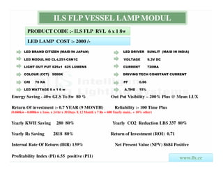 ILS FLP VESSEL LAMP MODUL
          PRODUCT CODE :- ILS FLP RVL 6 x 1 8w

          LED LAMP COST :- 2000 /-
        LED BRAND CITIZEN (MAID IN JAPAN)                                  LED DRIVER SUNLIT (MAID IN INDIA)

        LED MODUL NO CL-L251-C6N1C                                         VOLTAGE           9.3V DC

        LIGHT OUT PUT 625x1 625 LUMENS                                     CURRENT           720MA

        COLOUR (CCT) 5000K                                                 DRIVING TECH CONSTANT CURRENT

        CRI     70 RA                                                      PF         0.96

        LED WATTAGE 6 x 1 6 w                                               A.THD     15%

Energy Saving - 40w GLS To 8w 80 %                                 Out Put Visibility – 200% Plus @ Mean LUX

Return Of investment :- 0.7 YEAR (9 MONTH)                           Reliability :- 100 Time Plus
(0.040kw - 0.008kw x 1nos. x 24 hr x 30 Days X 12 Month x 7 Rs + 600 Yearly main.. + 10% other)


Yearly KWH Saving             280 80%                               Yearly CO2 Reduction LBS 337 80%

Yearly Rs Saving            2818 80%                               Return of Investment (ROI) 0.71

Internal Rate Of Return (IRR) 139%                                    Net Present Value (NPV) 8684 Positive

Profitability Index (PI) 6.55 positive (PI1)
 