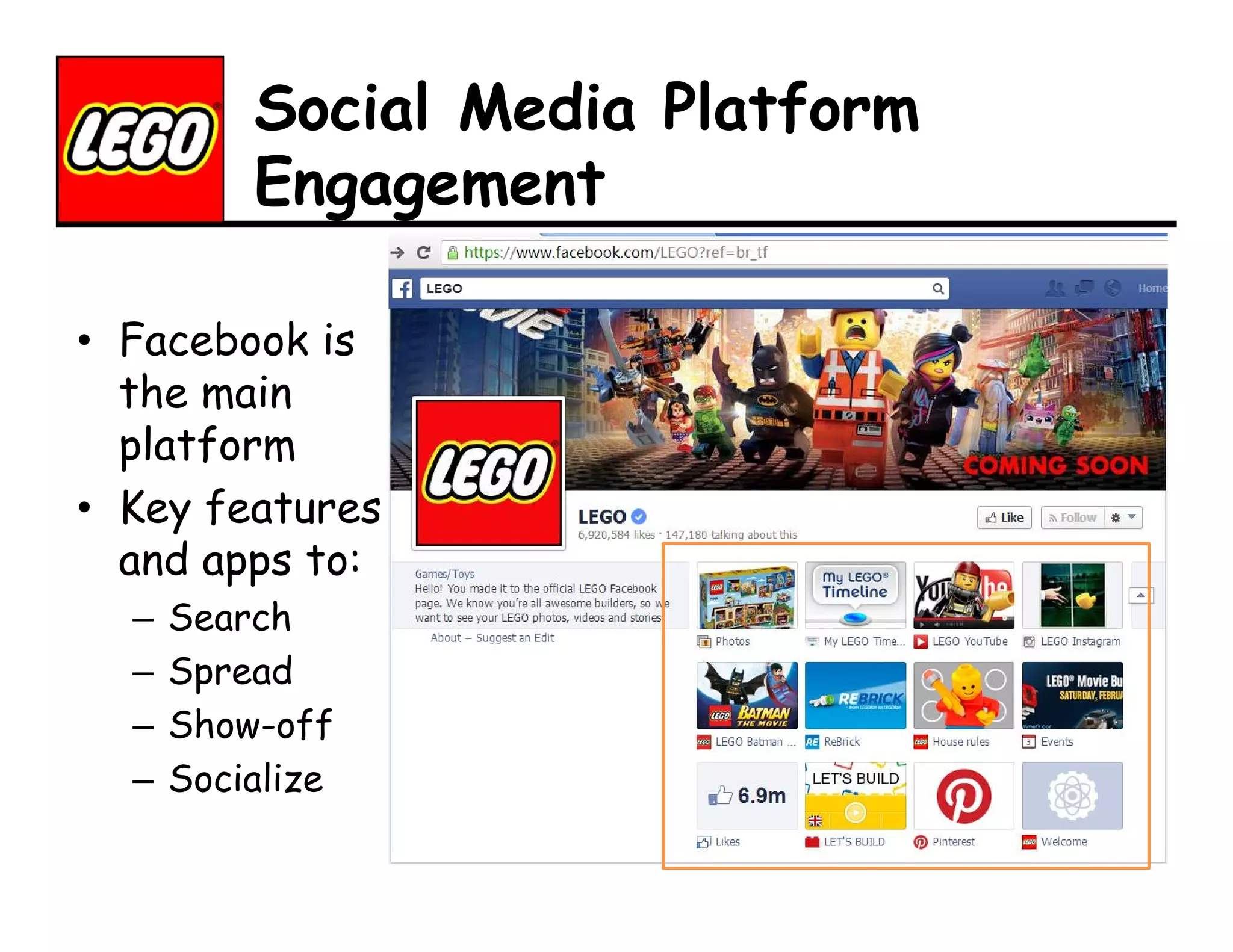 Social Media Platform
Engagement
• Facebook is
the main
platform
• Key features
and apps to:
–
–
–
–

Search
Spread
Show-off
Socialize

 