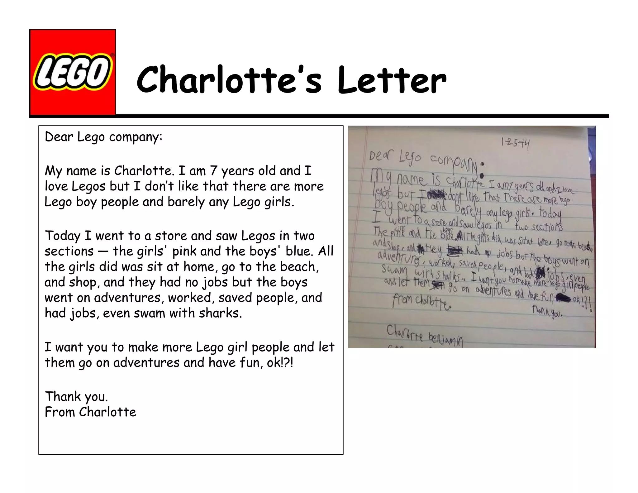 Charlotte’s Letter
Dear Lego company:
My name is Charlotte. I am 7 years old and I
love Legos but I don’t like that there are more
Lego boy people and barely any Lego girls.
Today I went to a store and saw Legos in two
sections — the girls' pink and the boys' blue. All
the girls did was sit at home, go to the beach,
and shop, and they had no jobs but the boys
went on adventures, worked, saved people, and
had jobs, even swam with sharks.
I want you to make more Lego girl people and let
them go on adventures and have fun, ok!?!
Thank you.
From Charlotte

 