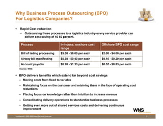 Why Business Process Outsourcing (BPO)
For Logistics Companies?

      Rapid Cost reduction
      –     Outsourcing these processes to a logistics industry-savvy service provider can
            deliver cost saving of 40-50 percent.

       Process                                      In-house, onshore cost   Offshore BPO cost range
                                                    range
       Bill of lading processing                    $5.00 - $8.00 per each   $2.00 - $4.00 per each
       Airway bill manifesting                      $0.30 - $0.40 per each   $0.10 - $0.20 per each
       Account payable                              $0.90 - $1.33 per each   $0.52 - $0.83 per each
     Source: WNS


    BPO delivers benefits which extend far beyond cost savings
    – Moving costs from fixed to variable
    – Maintaining focus on the customer and retaining them in the face of operating cost
      reductions
    – Placing focus on knowledge rather than intuition to increase revenue
    – Consolidating delivery operations to standardize business processes
    – Getting even more out of shared services costs and delivering continuous
      improvement

Confidential © 2009 WNS Global Services | wns.com                                                      2
 