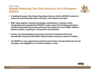 Case study
Rapidly Reducing The Cost Structure For A European
NVOCC
    A leading European Non-Vessel Operating Common Carrier (NVOCC) looked to
    reduce its mounting staff costs in Europe, Latin America and Asia.

    WNS' deep logistics industry knowledge contributed to a solution which
    standardized and migrated the NVOCC's entire import bill of lading and import
    manifest preparation processes among all its locations to one of WNS‘ offshore
    delivery centers, resulting in a 50 percent cost reduction.

    Further, the standardized processing environment created for them has
    dramatically improved information dissemination among its network of offices.

    The NVOCC is now experiencing minimal rework when moving shipments around
    the globe, and negligible to no customs delays or fines.




Confidential © 2009 WNS Global Services | wns.com                                    6
 