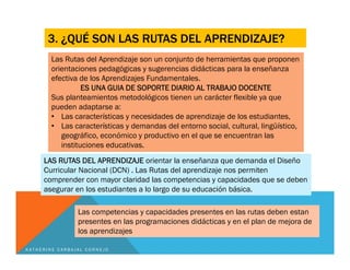 3. ¿QUÉ SON LAS RUTAS DEL APRENDIZAJE?
Las Rutas del Aprendizaje son un conjunto de herramientas que proponen
orientaciones pedagógicas y sugerencias didácticas para la enseñanza
efectiva de los Aprendizajes Fundamentales.
ES UNA GUIA DE SOPORTE DIARIO AL TRABAJO DOCENTE
Sus planteamientos metodológicos tienen un carácter flexible ya que
pueden adaptarse a:
• Las características y necesidades de aprendizaje de los estudiantes,
• Las características y demandas del entorno social, cultural, lingüístico,
geográfico, económico y productivo en el que se encuentran las
instituciones educativas.
Las competencias y capacidades presentes en las rutas deben estan
presentes en las programaciones didácticas y en el plan de mejora de
los aprendizajes
LAS RUTAS DEL APRENDIZAJE orientar la enseñanza que demanda el Diseño
Curricular Nacional (DCN) . Las Rutas del aprendizaje nos permiten
comprender con mayor claridad las competencias y capacidades que se deben
asegurar en los estudiantes a lo largo de su educación básica.
K A T H E R I N E C A R B A J A L C O R N E J O
 