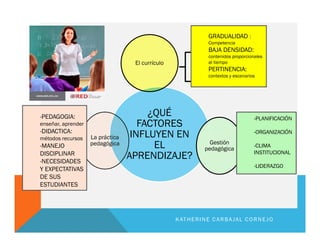 ¿QUÉ
FACTORES
INFLUYEN EN
EL
APRENDIZAJE?
El currículo
Gestión
pedagógica
La práctica
pedagógica
GRADUALIDAD :
Competencia
BAJA DENSIDAD:
contenidos proporcionales
al tiempo
PERTINENCIA:
contextos y escenarios
-PEDAGOGIA:
enseñar, aprender
-DIDACTICA:
métodos recursos
-MANEJO
DISCIPLINAR
-NECESIDADES
Y EXPECTATIVAS
DE SUS
ESTUDIANTES
-PLANIFICACIÓN
-ORGANIZACIÓN
-CLIMA
INSTITUCIONAL
-LIDERAZGO
KATHERINE CARBAJAL CORNEJO
 