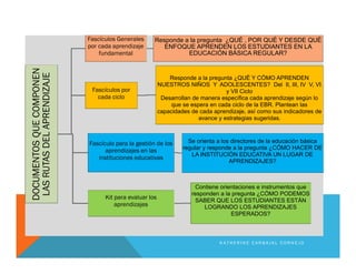 DOCUMENTOSQUECOMPONEN
LASRUTASDELAPRENDIZAJE
Fascículos Generales
por cada aprendizaje
fundamental
Responde a la pregunta ¿QUÉ , POR QUÉ Y DESDE QUÉ
ENFOQUE APRENDEN LOS ESTUDIANTES EN LA
EDUCACIÓN BÁSICA REGULAR?
Fascículos por
cada ciclo
Responde a la pregunta ¿QUÉ Y CÓMO APRENDEN
NUESTROS NIÑOS Y ADOLESCENTES? Del II, III, IV V, VI
y VII Ciclo
Desarrollan de manera específica cada aprendizaje según lo
que se espera en cada ciclo de la EBR. Plantean las
capacidades de cada aprendizaje, así como sus indicadores de
avance y estrategias sugeridas.
Fascículo para la gestión de los
aprendizajes en las
instituciones educativas
Se orienta a los directores de la educación básica
regular y responde a la pregunta ¿CÓMO HACER DE
LA INSTITUCIÓN EDUCATIVA UN LUGAR DE
APRENDIZAJES?
Kit para evaluar los
aprendizajes
Contiene orientaciones e instrumentos que
responden a la pregunta ¿CÓMO PODEMOS
SABER QUE LOS ESTUDIANTES ESTÁN
LOGRANDO LOS APRENDIZAJES
ESPERADOS?
K A T H E R I N E C A R B A J A L C O R N E J O
 