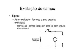 Excitação de campo
• Tipos:
– Auto-excitado - fornece a sua própria
excitação
• Derivação - campo ligado em paralelo com circuito
da armadura

 