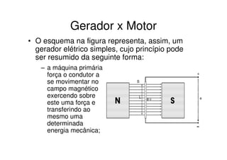 Gerador x Motor
• O esquema na figura representa, assim, um
gerador elétrico simples, cujo princípio pode
ser resumido da seguinte forma:
– a máquina primária
força o condutor a
se movimentar no
campo magnético
exercendo sobre
este uma força e
transferindo ao
mesmo uma
determinada
energia mecânica;

 