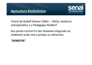 Agricultura Biodinâmica

Teoria de Rudolf Steiner (1861 – 1925), medicina
antroposófica e a Pedagogia Waldorf.
Seu ponto central é o Ser Humano integrado no
ambiente onde vive e produz os alimentos.
“DEMETER”.
 