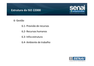 Estrutura da ISO 22000


 6- Gestão

       6.1- Provisão de recursos

       6.2- Recursos humanos

       6.3- Infra-estrutura

       6.4- Ambiente de trabalho
 