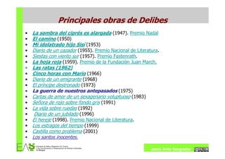 Principales obras de Delibes
•   La sombra del ciprés es alargada (1947). Premio Nadal
•   El camino (1950)
•   Mi idolatrado hijo Sisí (1953)
•   Diario de un cazador (1955). Premio Nacional de Literatura.
•   Siestas con viento sur (1957). Premio Fastenrath.
•   La hoja roja (1959). Premio de la Fundación Juan March.
•   Las ratas (1962)
•   Cinco horas con Mario (1966)
•   Diario de un emigrante (1968)
•   El príncipe destronado (1973)
•   La guerra de nuestros antepasados (1975)
•   Cartas de amor de un sexagenario voluptuoso (1983)
•   Señora de rojo sobre fondo gris (1991)
•   La vida sobre ruedas (1992)
•    Diario de un jubilado (1996)
•   El hereje (1998). Premio Nacional de Literatura.
•   Los estragos del tiempo (1999)
•   Castilla como problema (2001)
•   Los santos inocentes.

                                                           Jesús Ávila Sangrador
 