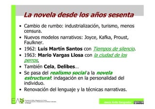 La novela desde los años sesenta
• Cambio de rumbo: industrialización, turismo, menos
  censura.
• Nuevos modelos narrativos: Joyce, Kafka, Proust,
  Faulkner.
• 1962: Luis Martín Santos con Tiempos de silencio.
• 1963: Mario Vargas Llosa con la ciudad de los
  perros.
• También Cela, Delibes…
• Se pasa del realismo social a la novela
  estructural: indagación en la personalidad del
  individuo.
• Renovación del lenguaje y la técnicas narrativas.

                                     Jesús Ávila Sangrador
 