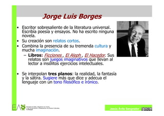 Jorge Luis Borges
• Escritor sobresaliente de la literatura universal.
  Escribía poesía y ensayos. No ha escrito ninguna
  novela.
• Su creación son relatos cortos.
• Combina la presencia de su tremenda cultura y
  mucha imaginación.
   – Libros: Ficciones , El Aleph , El Hacedor. Sus
     relatos son juegos imaginativos que llevan al
     lector a insólitos ejercicios intelectuales.

• Se interpolan tres planos: la realidad, la fantasía
  y la sátira. Sugiere más que dice y adecua el
  lenguaje con un tono filosófico e irónico.




                                                 Jesús Ávila Sangrador
 