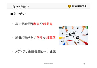 Buzipとは？
■ターゲット
• 次世代を担う若者や起業家
• 地元で働きたい学生や求職者
• メディア、金融機関と中小企業
10
 