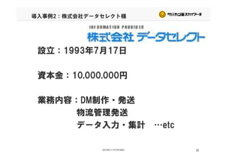 導入事例2：株式会社データセレクト様
設立：1993年7月17日
資本金：10,000,000円
業務内容：DM制作・発送業務内容：DM制作・発送
物流管理発送物流管理発送
データ入力・集計 …etc
22
 