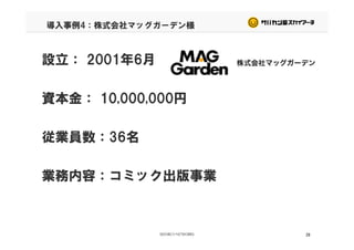 導入事例4：株式会社マッグガーデン様
設立： 2001年6月
資本金： 10,000,000円資本金： 10,000,000円
従業員数：36名
業務内容：コミック出版事業業務内容：コミック出版事業
28
 