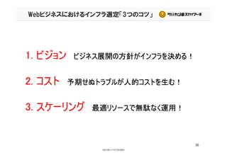 Webビジネスにおけるインフラ選定「3つのコツ」
1. ビジョン ビジネス展開の方針がインフラを決める！
2. コスト 予期せぬトラブルが人的コストを生む！2. コスト 予期せぬトラブルが人的コストを生む！
3. スケーリング 最適リソースで無駄なく運用！
35
 