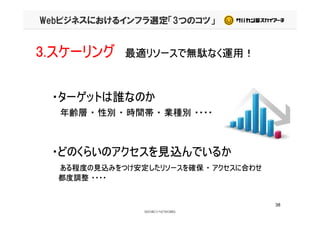 Webビジネスにおけるインフラ選定「3つのコツ」
3.スケーリング 最適リソースで無駄なく運用！
・ターゲットは誰なのか
年齢層 ・ 性別 ・ 時間帯 ・ 業種別 ・・・・年齢層 ・ 性別 ・ 時間帯 ・ 業種別 ・・・・
・どのくらいのアクセスを見込んでいるか
ある程度の見込みをつけ安定したリソースを確保 ・ アクセスに合わせある程度の見込みをつけ安定したリソースを確保 ・ アクセスに合わせ
都度調整 ・・・・
38
 