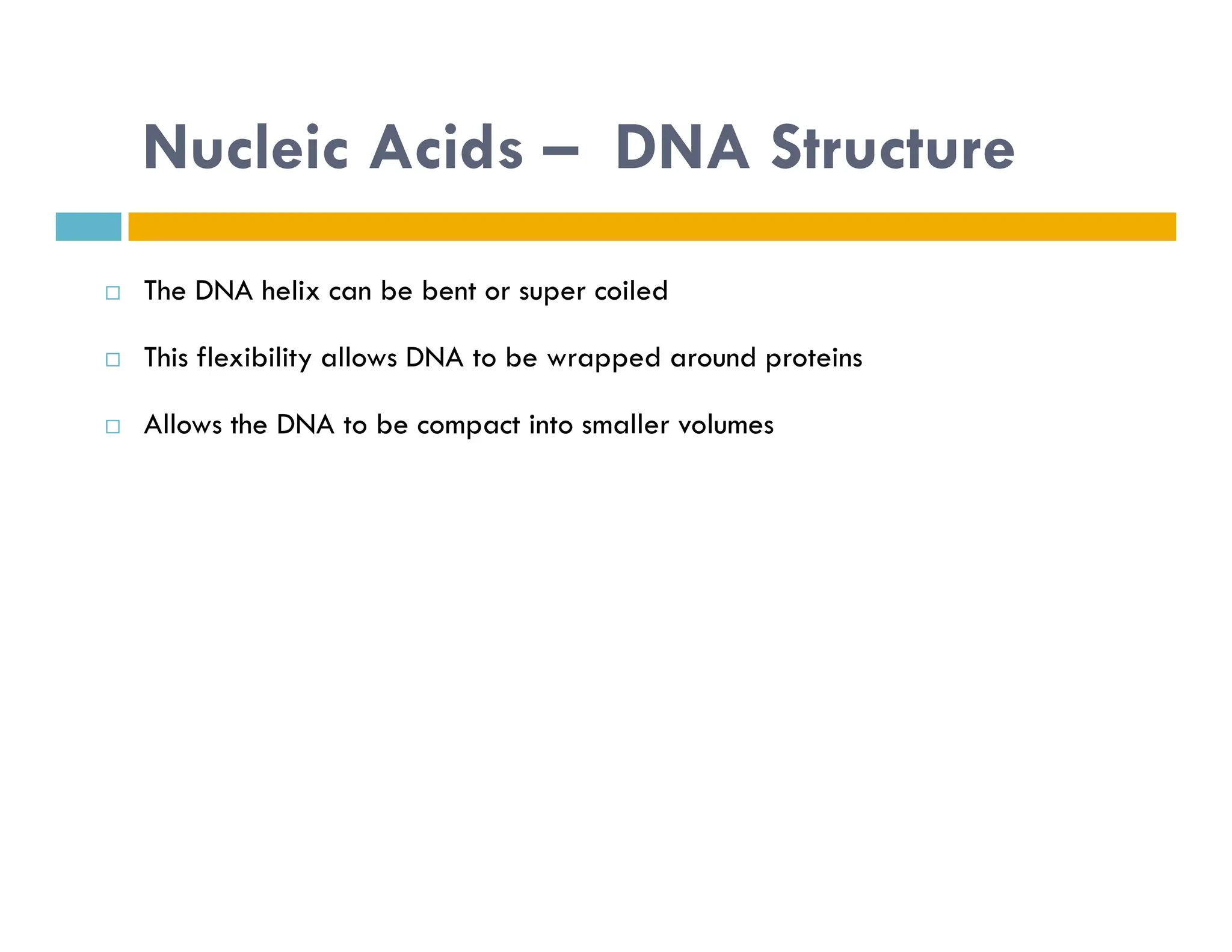 Nucleic Acids – DNA Structure
 The DNA helix can be bent or super coiled
 This flexibility allows DNA to be wrapped around proteins
 Allows the DNA to be compact into smaller volumes
 