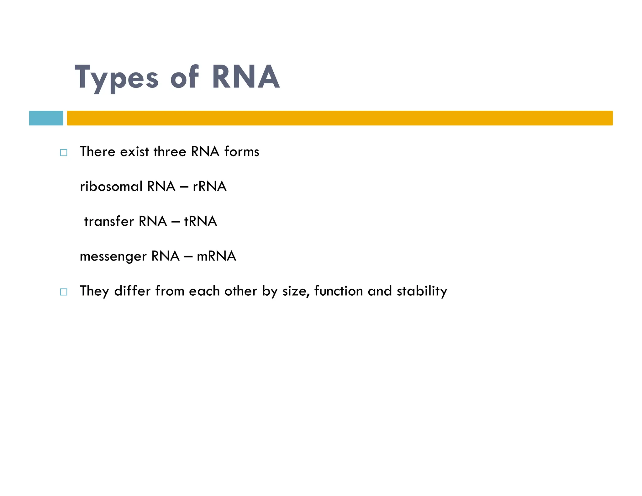 Types of RNA
 There exist three RNA forms
ribosomal RNA – rRNA
transfer RNA – tRNA
messenger RNA – mRNA
messenger RNA – mRNA
 They differ from each other by size, function and stability
 