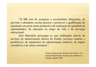 “O ME tem de assegurar a escolaridade obrigatória, de
prevenir o abandono escolar precoce e promover a qualificação da
população em geral numa perspectiva de realização da igualdade de
oportunidades, da educação ao longo da vida e da inovação
educacional.
        Este Ministério prossegue as suas atribuições através de
serviços de administração directa do Estado (serviços centrais e
periféricos), de organismos de administração indirecta, de órgãos
consultivos e de outras estruturas.”

                              Fonte: Estrutura dos Sistemas de Ensino, For
                              mação Profissional e Ensino para Adultos na
                              Europa. Edição 2007
 