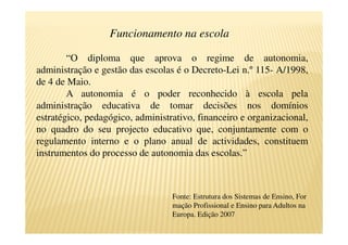 Funcionamento na escola

        “O diploma que aprova o regime de autonomia,
administração e gestão das escolas é o Decreto-Lei n.º 115- A/1998,
de 4 de Maio.
        A autonomia é o poder reconhecido à escola pela
administração educativa de tomar decisões nos domínios
estratégico, pedagógico, administrativo, financeiro e organizacional,
no quadro do seu projecto educativo que, conjuntamente com o
regulamento interno e o plano anual de actividades, constituem
instrumentos do processo de autonomia das escolas.”



                                  Fonte: Estrutura dos Sistemas de Ensino, For
                                  mação Profissional e Ensino para Adultos na
                                  Europa. Edição 2007
 