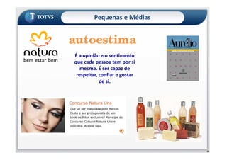 Pequenas e Médias
•Método – o que fazer e seqüência
•Técnica – como fazer
•Ferramenta – com que fazer
autoestima
É a opinião e o sentimento
que cada pessoa tem por si
mesma. É ser capaz de
respeitar, confiar e gostar
de si.
35
de si.
 