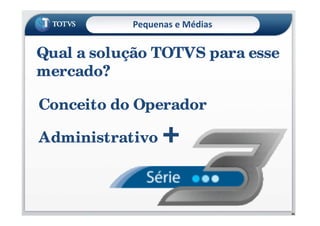Pequenas e Médias
Metodologia de
Implementação
TOTVS - MIT
•Método – o que fazer e seqüência
•Técnica – como fazer
•Ferramenta – com que fazer
Qual a solução TOTVS para esse
mercado?
Conceito do Operador
36
Conceito do Operador
Administrativo +
 